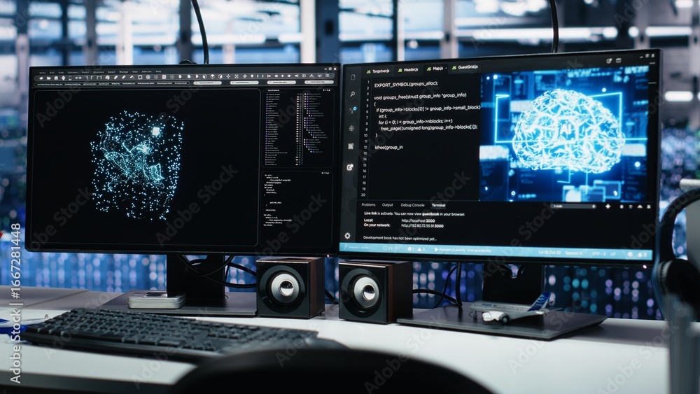 Poster data center computer systems on desk controlling network resources through ai visualization dashboar