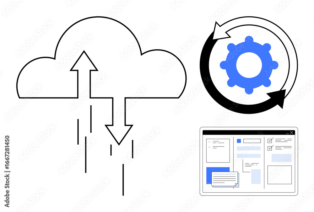 Poster cloud data exchange with two arrows, gear in a circular arrow symbolizing process automation, and a 