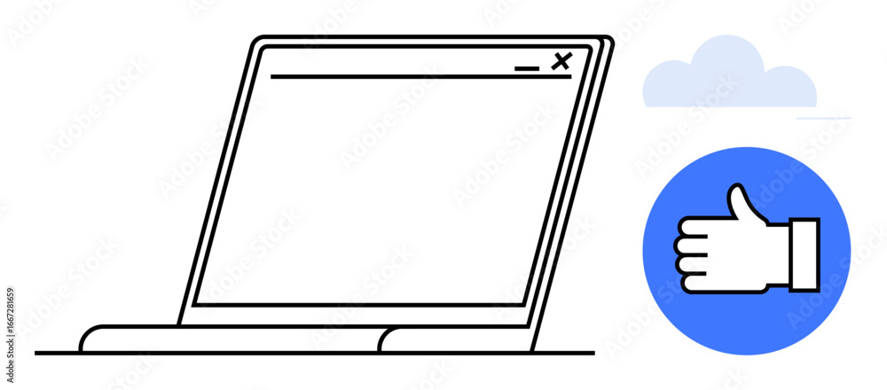 Poster laptop with open browser window next to thumbs-up icon and cloud. ideal for technology, approval, fe