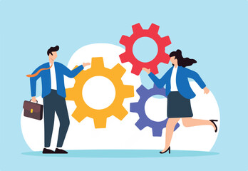 Flat illustration of businessman and businesswoman work together on gear cogwheel representing teamwork and employee collaboration for success
