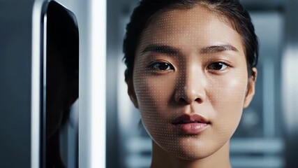 Facial recognition process with digital overlay in futuristic setting - Powered by Adobe