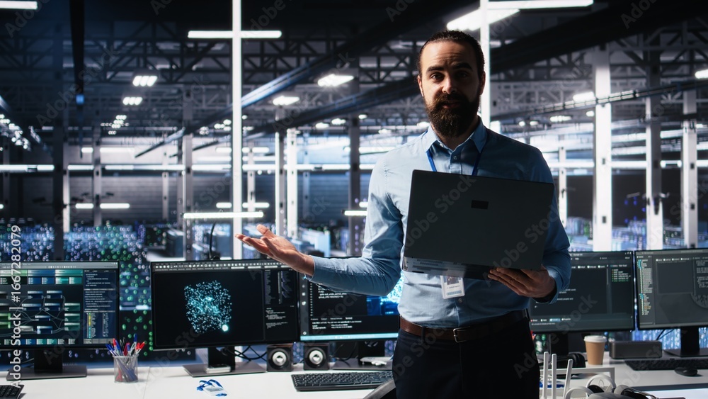Aufkleber data center manager showcasing ai technology, filming presentation video for audiences. server farm 