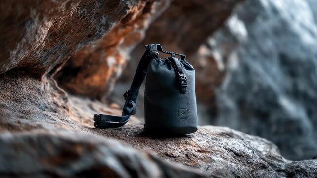 Detailed medium shot of a sleek chalk bag featuring an integrated nanosensor crisply in focus contrasting with the softly blurred rugged rock surface behind it.
