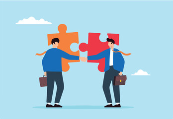 Flat illustration of businessman shakes hands connecting jigsaw pieces symbolizing partnership and cooperation