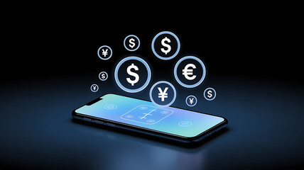 A smartphone screen displays digital currency symbols including dollar, euro, and yen, symbolizing online finance and mobile banking in a futuristic design.
