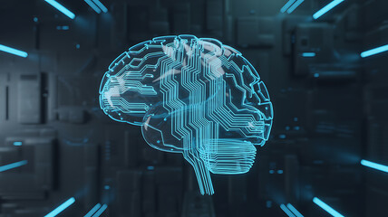 Futuristic digital illustration of a glowing, blue, circuit-like brain design against a dark technological background, symbolizing artificial intelligence and technology innovation.
