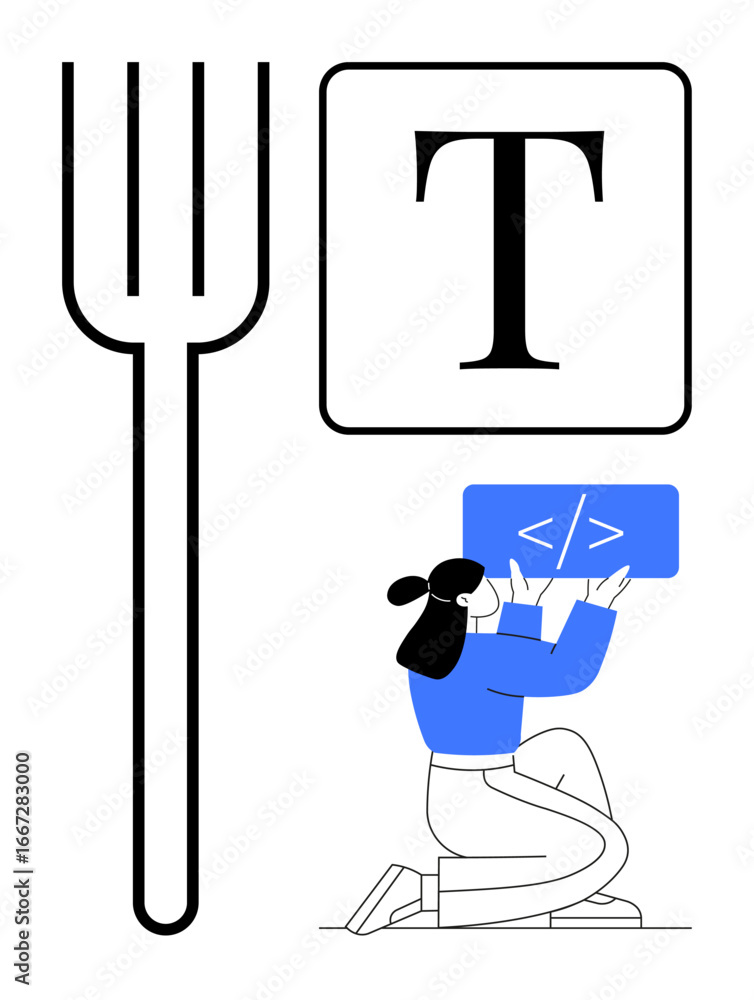 Poster woman kneeling with code window, large text icon, and a stylized fork emphasizing software developme