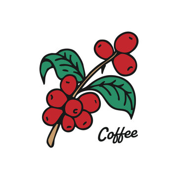 Red Coffee Cherry Illustration with Leaves &ndash; Colorful Doodle Vector