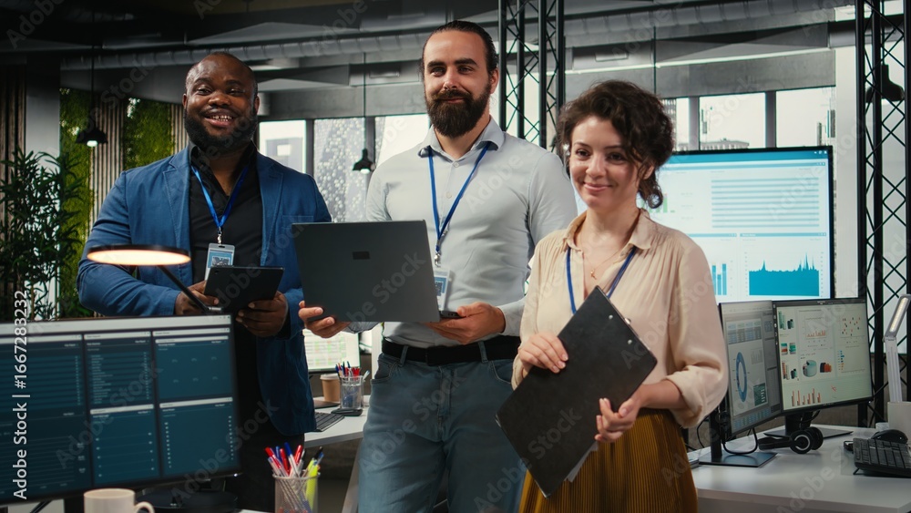 Poster portrait of multiethnic employees work with performance metrics and high tech, aligning business str