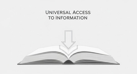 Minimalist design with digital download arrow inside a book, text “Universal Access to Information”.