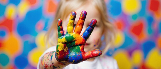 kid with painted hands art class project showcasing vibrant creativity | daycare, creative, learning, childhood, expression theme