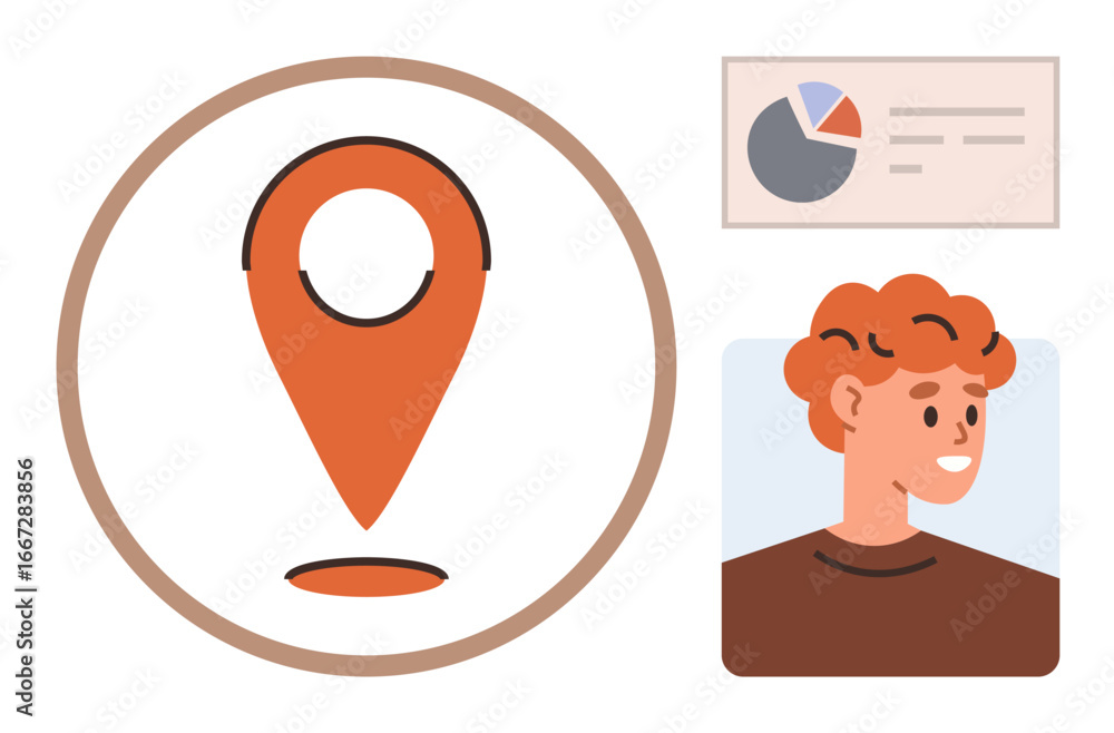 Poster location pin inside a circle, a character profile, and a data chart with pie graph elements. ideal f
