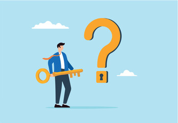Flat illustration of businessman holding big key to unlock question mark keyhole as symbol of problem solving critical thinking and finding answers
