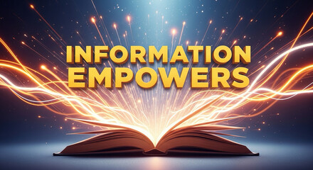 Typography with animated rays shining from book pages, “Information Empowers”.