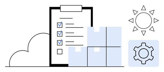 Checklist with checkmarks, four boxes, sun, gear icon, and cloud symbolizing organization, logistics, and system optimization. Ideal for logistics, supply chain inventory planning shipping