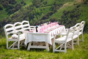 Outdoor dining table set for celebration in nature. White wooden benches and table with tablecloth, wine bottle, glasses, plates, and pink floral decoration. Scenic mountain landscape in background.
