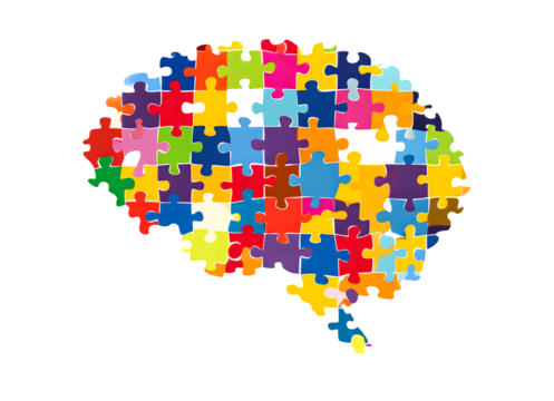 Colorful puzzle pieces forming the shape of a human brain isolated on transparent background