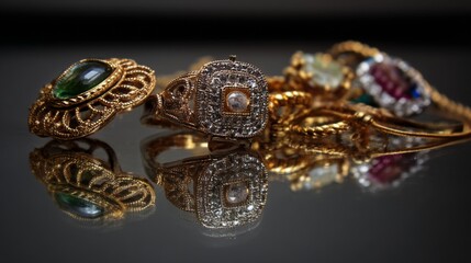 Naklejka premium Golden jewelry rings with gemstones luxury fashion closeup photography concept elegant background
