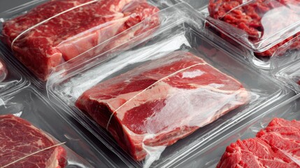 Vacuum packed meat cuts fresh red raw food photography concept background
