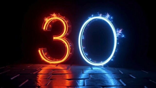 Glowing Neon Number 30 Illuminated With Red And Blue Light On A Dark Brick Floor thirty