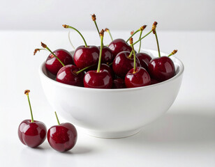 Fresh Red Cherries in White Bowl on White Background
