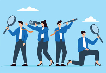 Fototapeta premium Professional business team with binoculars and telescope in flat design