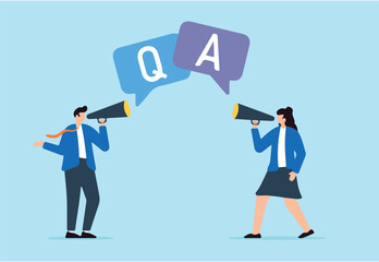 Business team announce Q&A speech bubble with megaphone