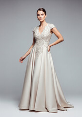 Fashion model full-body shot, standing pose, elegant couture dress, magazine style, 