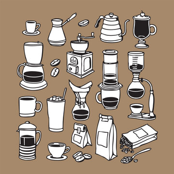 Coffee Vector Illustration Set &ndash; Brewing Tools, Cups, Coffee Beans