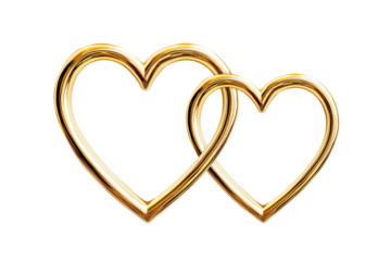 Golden Two Heart Shape Linked Rings Isolated on White and Png Transparent Background