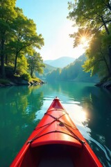 Fototapeta premium A sunny summer day on a calm lake, a vibrant canoe glides across the water, surrounded by lush green trees and reflecting sunlight , outdoor, adventure, lake