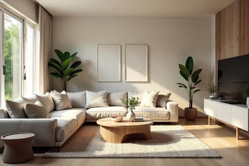 Cozy family room, inviting and comfortable, bathed in natural light Perfect for relaxation and family time Neutral tones and soft textures create a serene atmosphere , mantle, sofa, calm