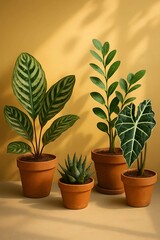 Obraz premium Indoor houseplants in terracotta pots against yellow wall with soft sunlight and shadows