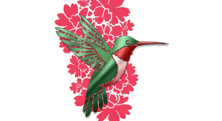 Vibrant green hummingbird flying amidst red floral accents on an isolated white background, elegant tropical bird in motion.