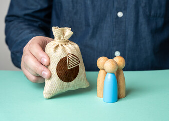 A man holds budget money in a bag near a group of people figurines. Finance the work. Invest in a business team. Social support and collective development