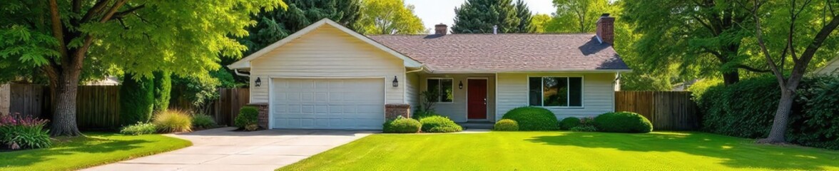 Obraz premium Cozy suburban home with a well-maintained lawn and attached garage, perfect for a family Ideal for real estate listings or home improvement websites , driveway, garden, concrete