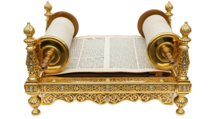 Close up of golden torah scroll with hebrew text for jewish religious ceremony and reading tradition