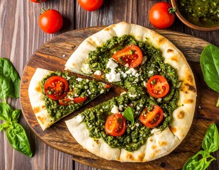 Fresh pesto pizza with feta and cherry tomatoes