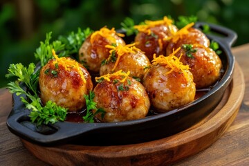 Close up shot of glazed meatballs garnished with orange zest and parsley in a cast iron skillet