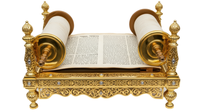 Close up of golden torah scroll with hebrew text for jewish religious ceremony and reading tradition