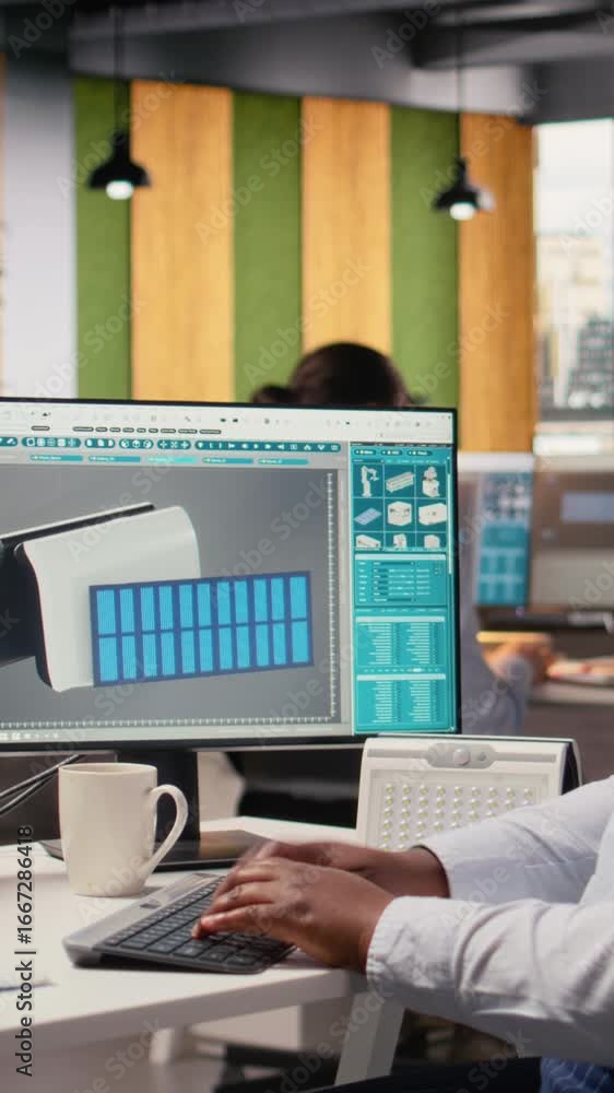 Poster engineer in office develops innovative solar powered device using advanced materials and designs. rd