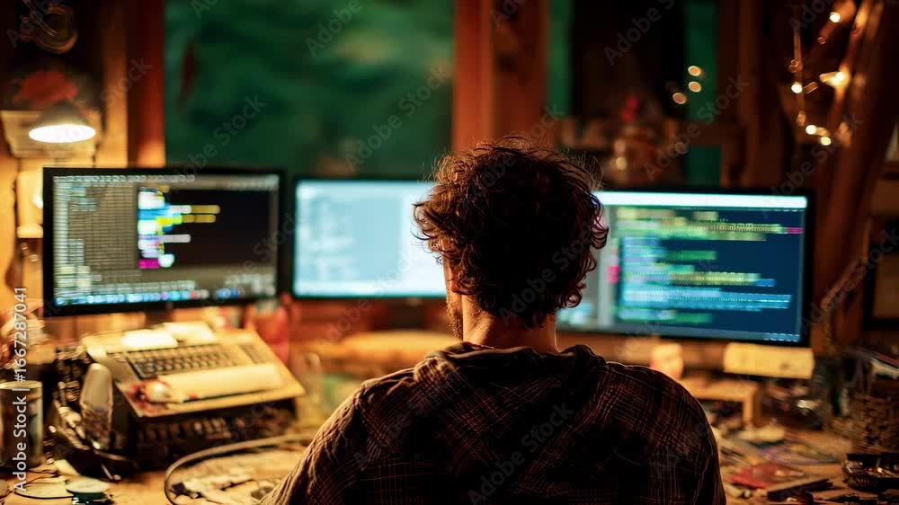 Poster freelance coder focused on dual monitors in a cozy cabin medium shot with warm ambient lights and ou