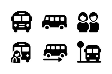 Black and white bus icon set featuring commuter and bus stop designs