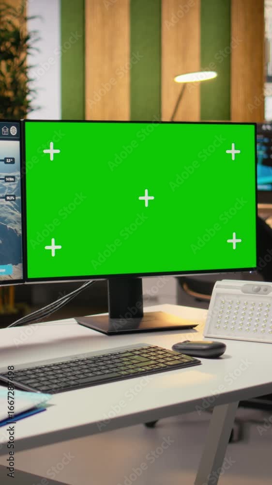 Poster wind turbine simulation on green screen mockup pc in rd office. cad program interface on chroma key 