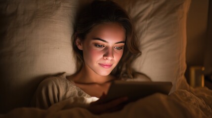 Fototapeta premium Young Woman Reading Tablet in Bed at Night