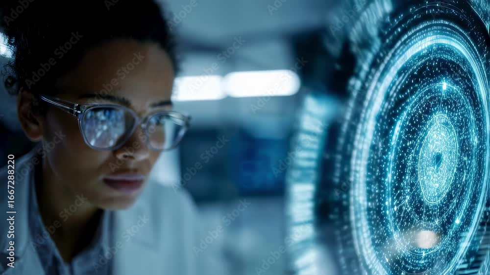 Poster trainee studying holographic star charts on a digital panel glowing interface in focus contrasted by
