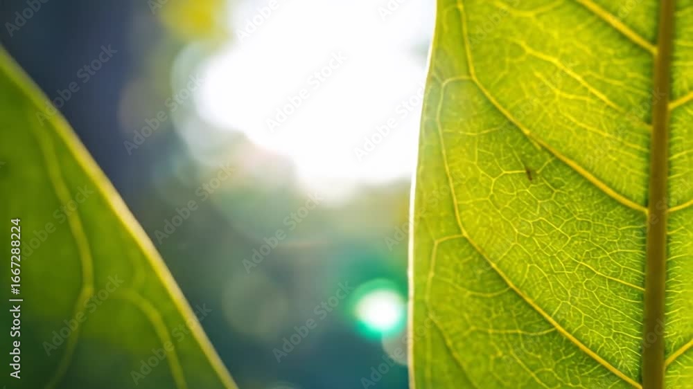Poster close up of a green leaf with detailed veins against a blurred background in soft sunlight with a fo