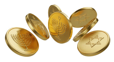 Hanukkah gelt gold coins falling jewish holiday celebration symbol of hanukkah menorah star of david 3d render