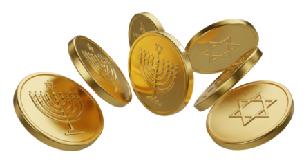 Hanukkah gelt gold coins falling jewish holiday celebration symbol of hanukkah menorah star of david 3d render