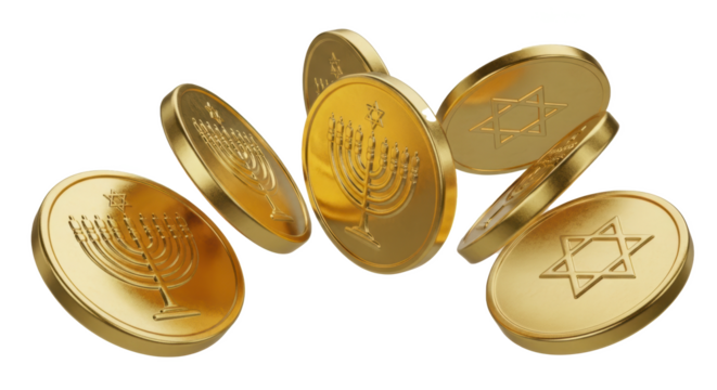 Hanukkah gelt gold coins falling jewish holiday celebration symbol of hanukkah menorah star of david 3d render
